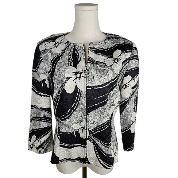 Joseph Ribkoff Floral Black White Jacket Crinkle Size 8 Jewel Zip Pull - Picture 1 of 11